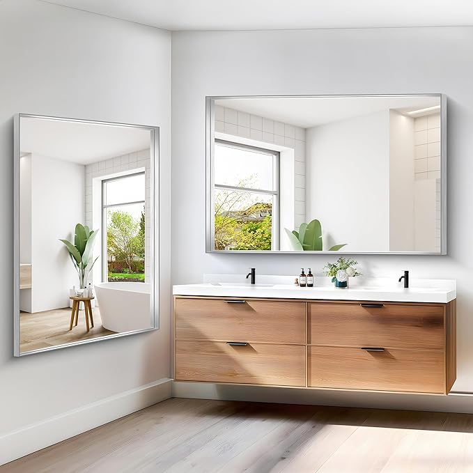 Silver Bathroom Mirror, 60x40 Inch Rectangular Framed Mirror, Large Wall - Image 7