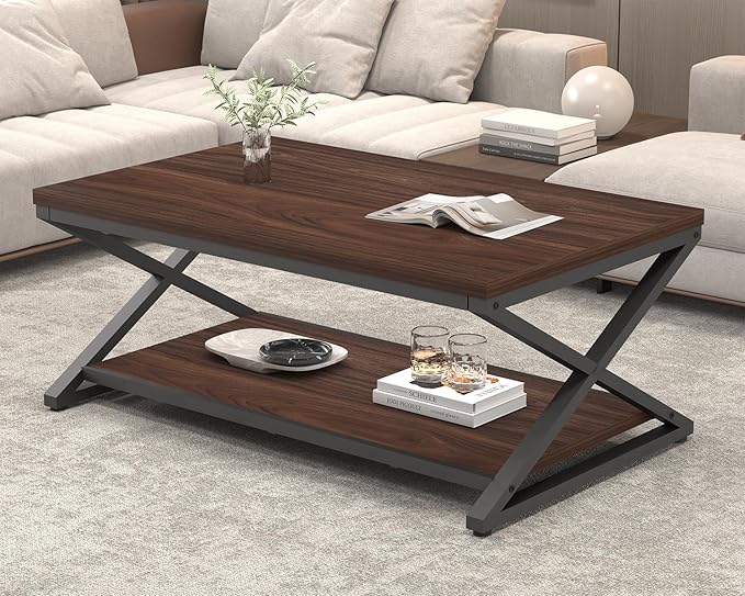 HSH Walnut 2 Tier Storage Coffee Table, Modern Rectangle Center Table - Image 9