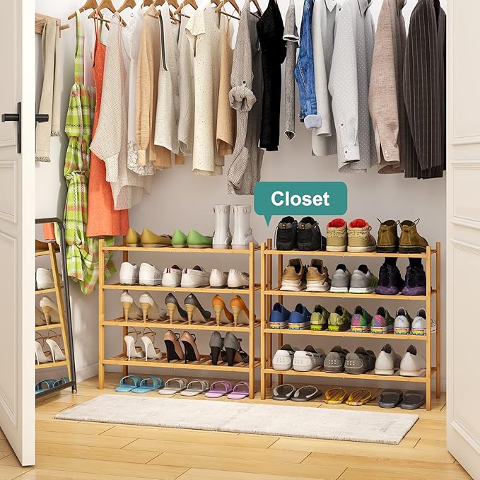 4-Tier Bamboo Shoe Rack for Entryway, Stackable | Foldable | Natural, Shoe - Image 2