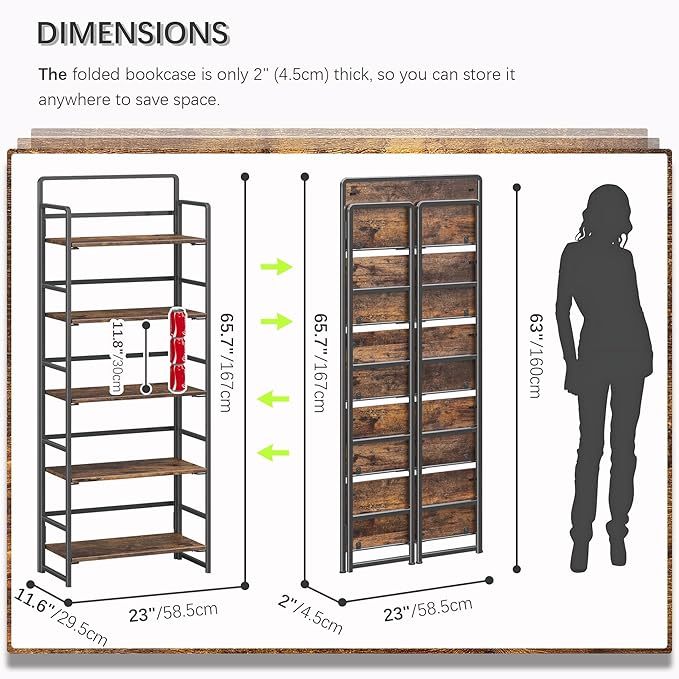 4NM No-Assembly 5 Tiers Folding Bookshelf Storage Shelves Vintage Bookcase - Image 2