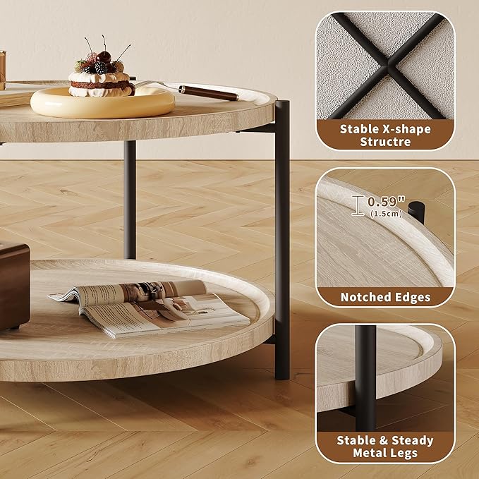 Round Coffee Table for Living Room, Rustic Wood Desktop Center Table - Image 5