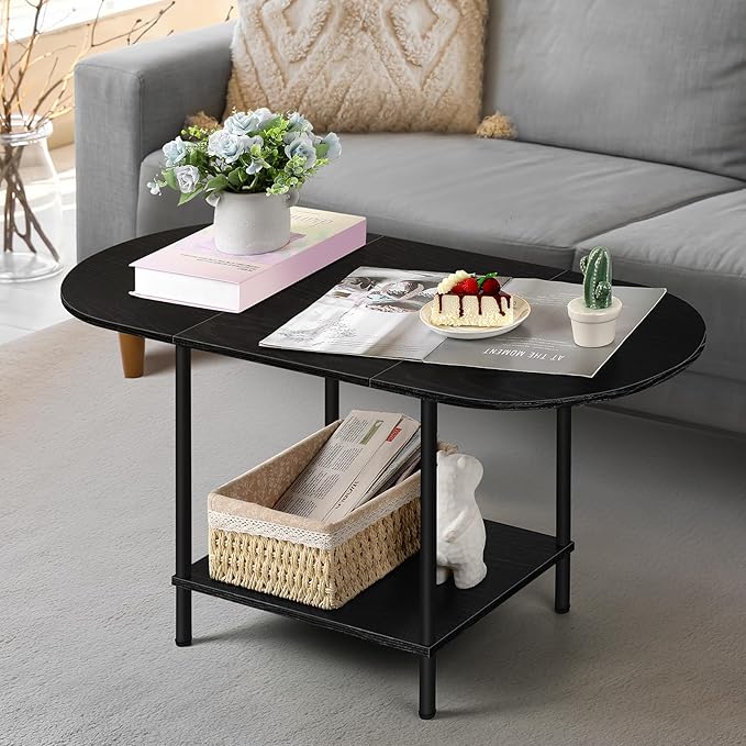 Black Coffee Table for Living Room, 2-Tier Small Oval Center Table, Mid Century by OYEAL