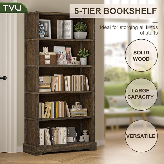 TVU 5-Shelf Wood Bookcase, 65 Inch Tall Bookshelf - Image 4