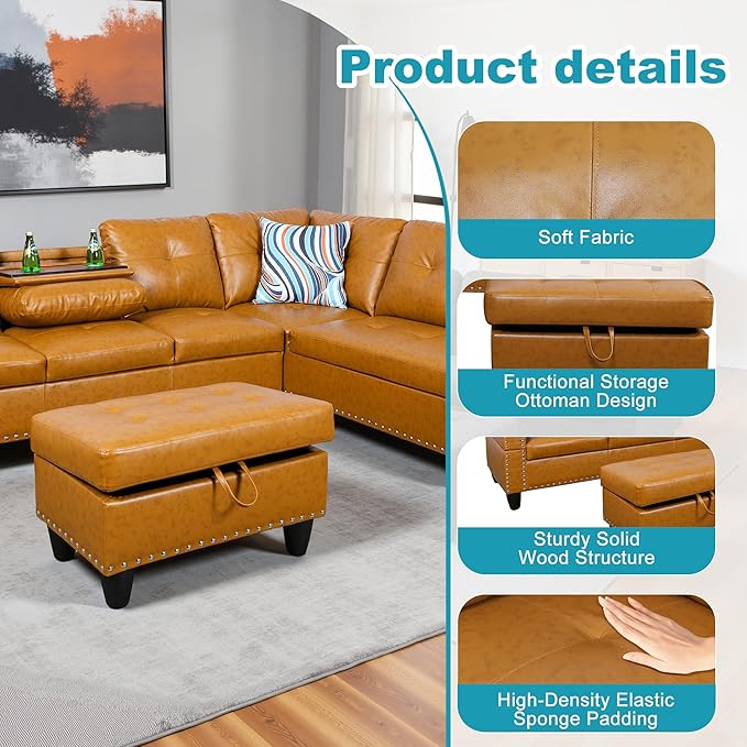 Couches for Living Room PU Leather L Shaped Couch Comfy 3 Pieces Sectional Sofa - Image 5
