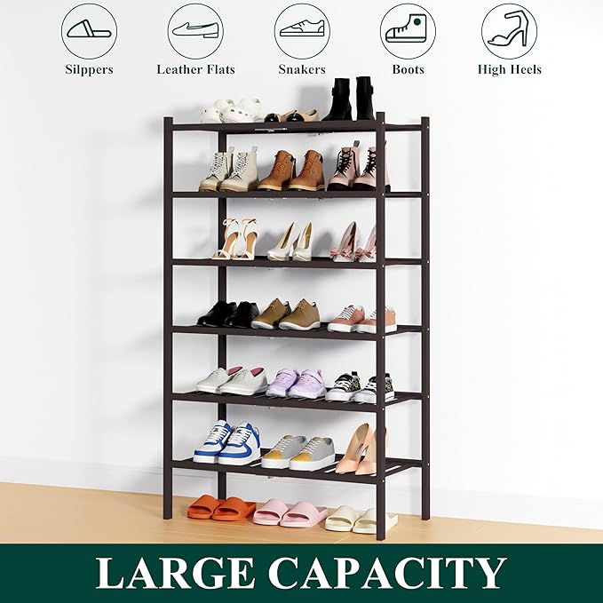 Smiry Shoe Rack, 6 Tier Thick Bamboo Shoe Organizer, Stackable Free Standing - Image 6