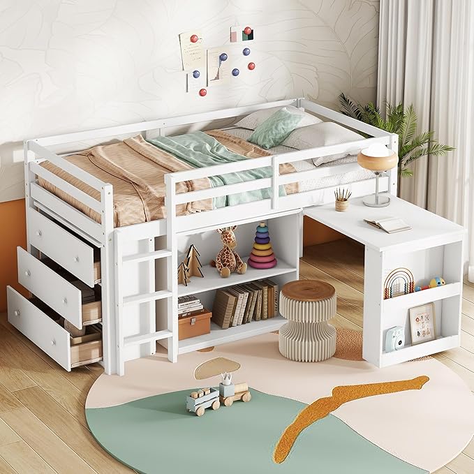 KEIKI Twin Loft Bed with Pull-Out Desk, Drawers & Open Shelves, Wooden Bed - Image 3
