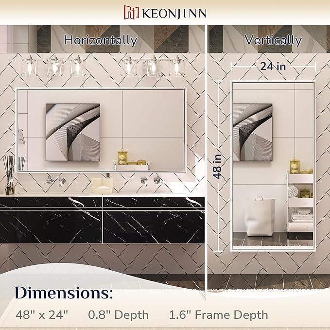 Keonjinn 48 x 24 in Brushed Silver Bathroom Vanity Mirror Rectangular Metal - Image 7