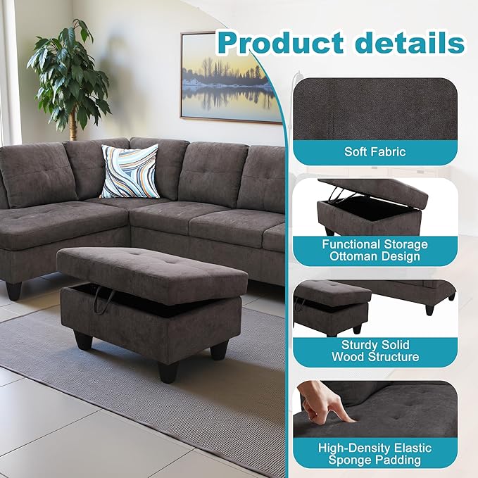 L Shaped Couch Modern Sectional Couch Upholstered Fluffy Fabric 3 Pieces Sofas - Image 5