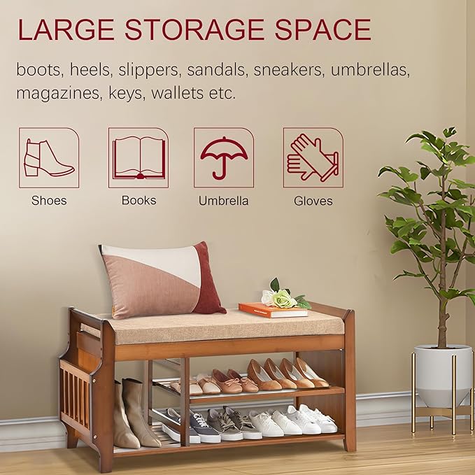 Shoe Storage Bench for Entryway, Bamboo Entryway Bench - Image 5