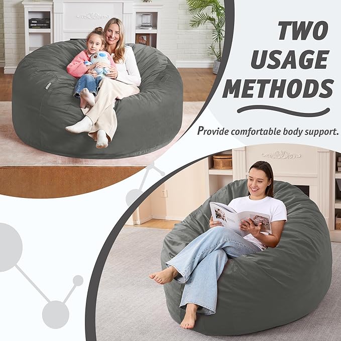 5FT Bean Bag Chair with Ultra Soft Velvet Cover Bean Bag Sofa with Memory Foam - Image 5