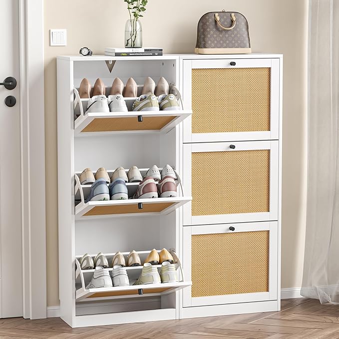 Rattan Shoe Cabinet with 3 Flip Drawers, Narrow Shoe Rack Cabinet with - Image 7