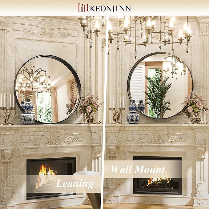 Keonjinn Black Round Mirror 24 Inch, Brushed Black Framed Circle Mirror - Image 7