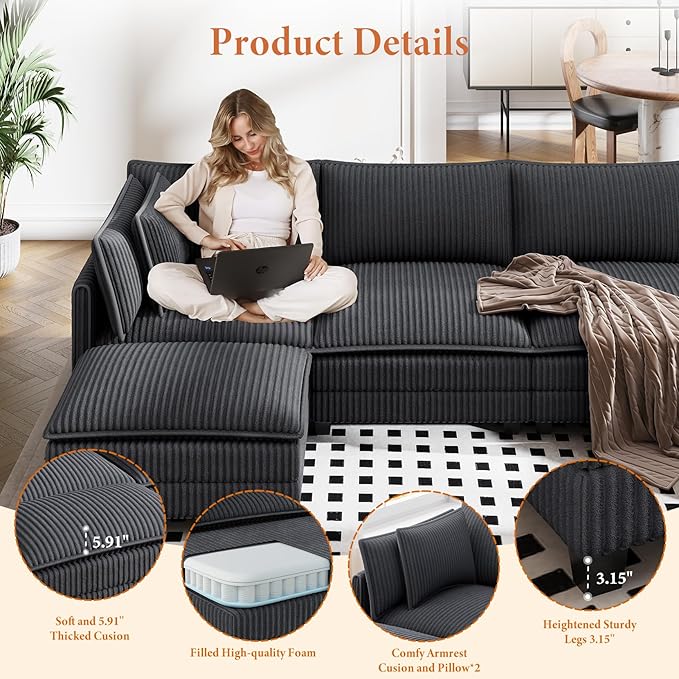 Vesgantti 109" U Shaped Cloud Sectional Sofa, Comfy Corduroy Upholstered - Image 3