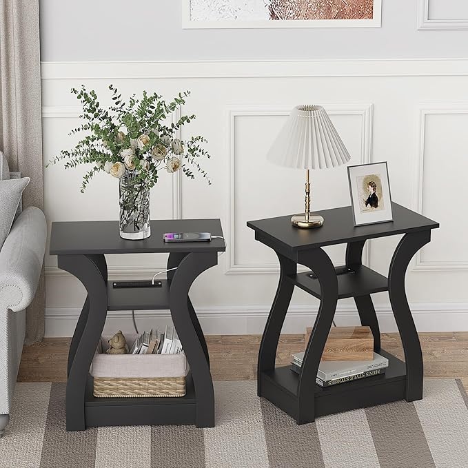 Black End Table Set of 2 with Charging Station, Side Table with USB Ports and - Image 7