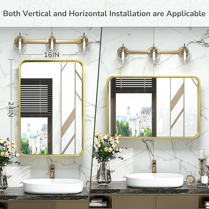TokeShimi 16x24 Gold Bathroom Wall Mirror Vanity Metal Frame Round Corner - Image 8