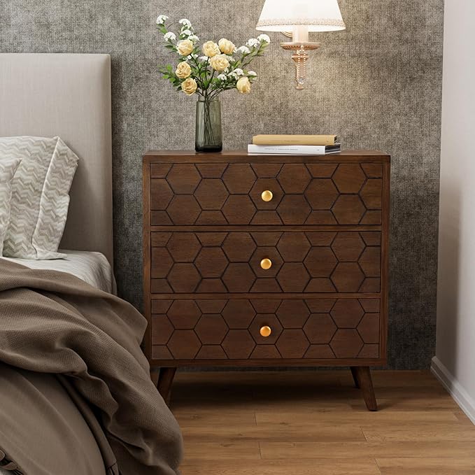COSIEST Modern End Table w 3 Storage Drawers, Night Stand w Honeycomb Pattern - Image 7