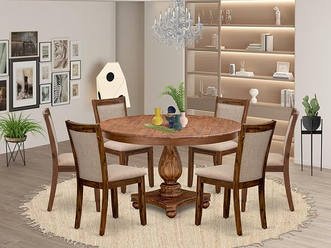F2MZ7-50N-04 7-Pc Wooden Dining Set Includes a Pedestal Table and 6 Light Tan - Image 2