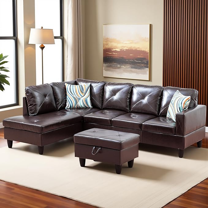 L Shaped Couch Faux Leather Sectional Couch Upholstered 3 Pieces Sofas by LynginsCreativeLife
