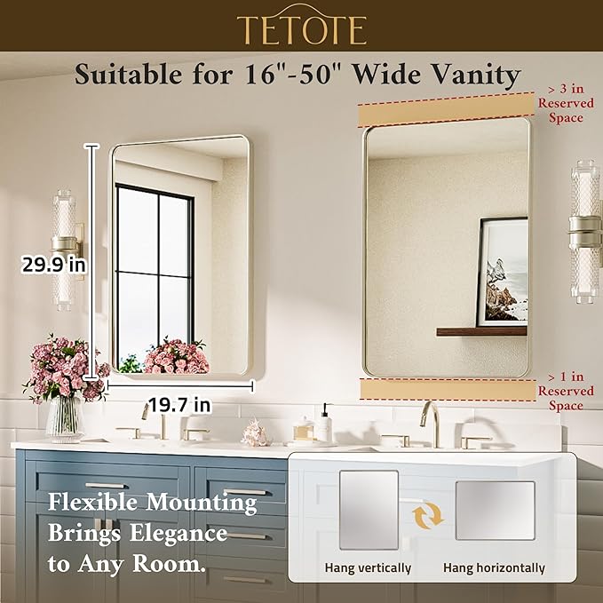 TETOTE Brushed Nickel Bathroom Mirror 20 x 30 Brushed Nickel Metal Framed - Image 7