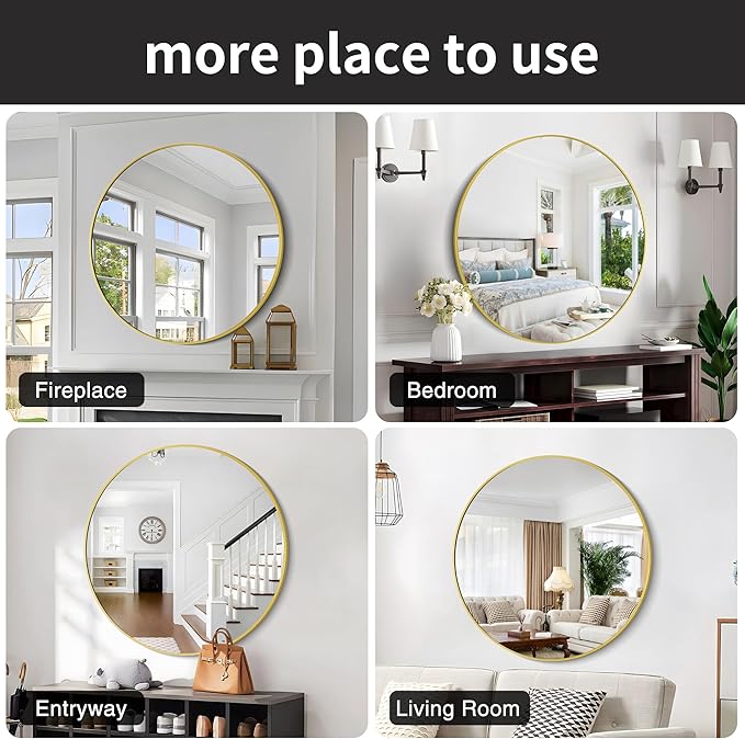Gold Round Mirror, 39 Inch Wall Mounted Aluminum Alloy Metal Frame Mirror - Image 7