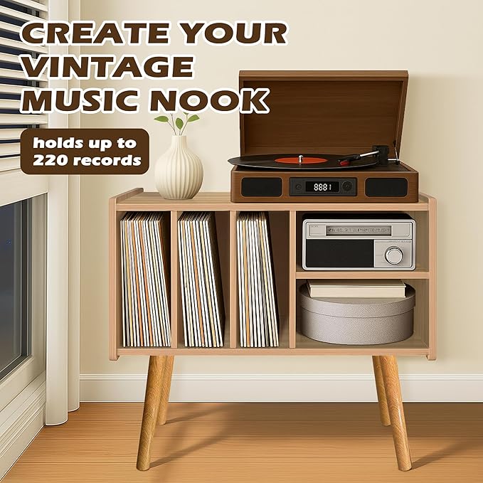 Record Player Stand with Vinyl Storage, Wooden Record Player Table with 5 - Image 3