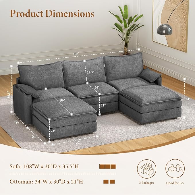 Vesgantti 108" U Shaped Sectional Couch, Comfy Cloud Modular Sectional Sofa - Image 2