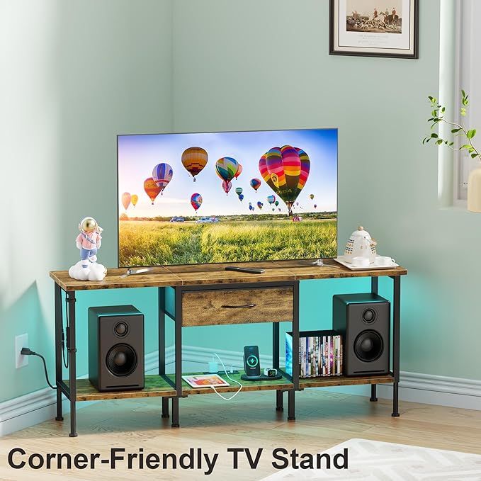 LED TV Stand with Power Outlet and Fabric Drawer - Image 7