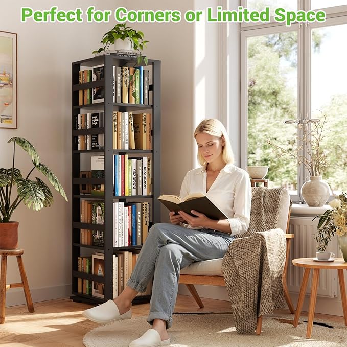 Homykic Rotating Bookshelf, Bamboo 360 Display Spinning Bookshelf Tower - Image 4