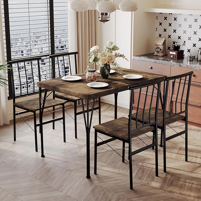 5 Piece Dining Table Set with 1.6" Thick Desktop, Modern Metal&Wood Kitchen by ErdoruLiving