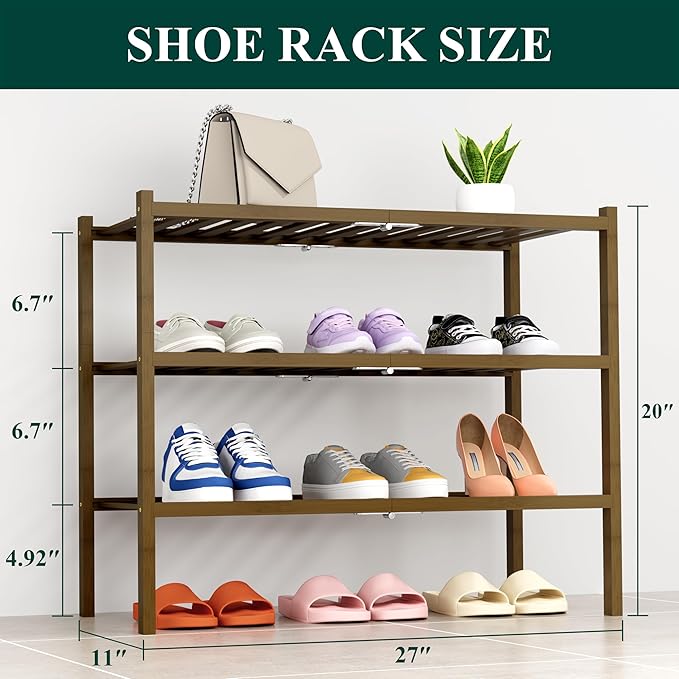 Smiry Shoe Rack, 3 Tier Thick Bamboo Shoe Organizer, Stackable Free Standing - Image 2