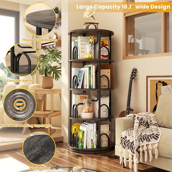 Aheaplus 4 Tier Rotating Bookshelf Tower, 360 Display Spinning Bookcase - Image 4