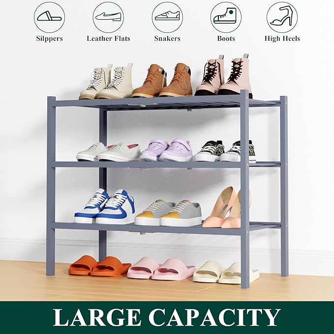 Smiry Shoe Rack, 3 Tier Thick Bamboo Shoe Organizer, Stackable Free Standing - Image 6