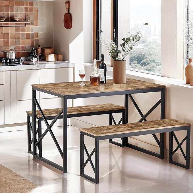 VECELO Kitchen Table with 2 Benches - Image 2