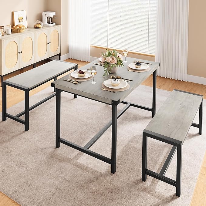 Dining Table Set for 4 with 2 Benches, 3-Piece Kitchen Table Set, Space-Saving - Image 2