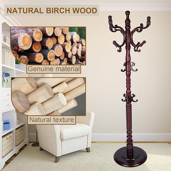 Coat Rack Freestanding with 18 Hooks, Wooden Standing Coat Racks - Image 5