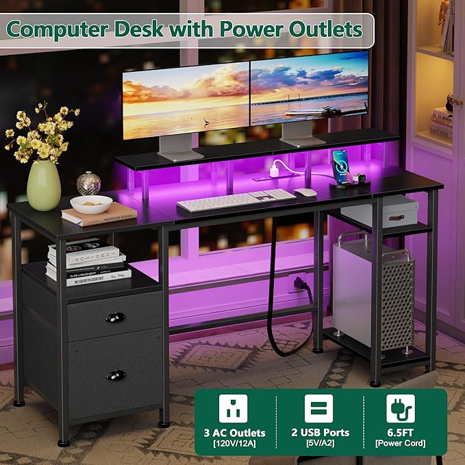 Furologee 61" Gaming Desk with Power Outlets & LED Lights, Reversible Computer - Image 6
