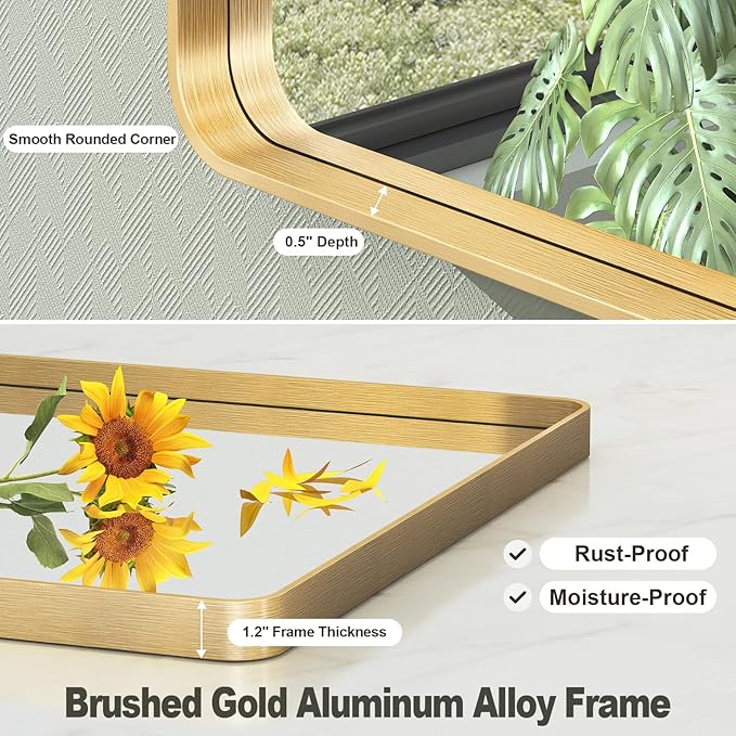 24x32 Inch Gold Framed Bathroom Mirror, Rectangle Brushed Gold Metal Vanity - Image 2