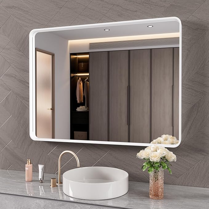 White Bathroom Mirror 40x32 Inch, Rounded Rectangle Matte Bathroom Vanity Mirror by JISOSO