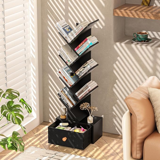 8 Tier Tree Bookshelf with Drawer, Free Standing Wood Bookcase - Image 2
