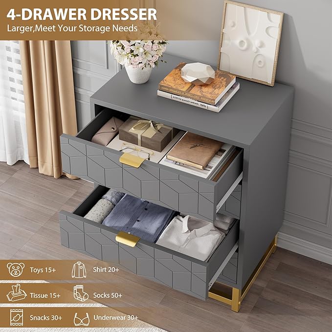 Grey Dresser, 4 Drawer Dresser for Bedroom, Modern Dressers - Image 5