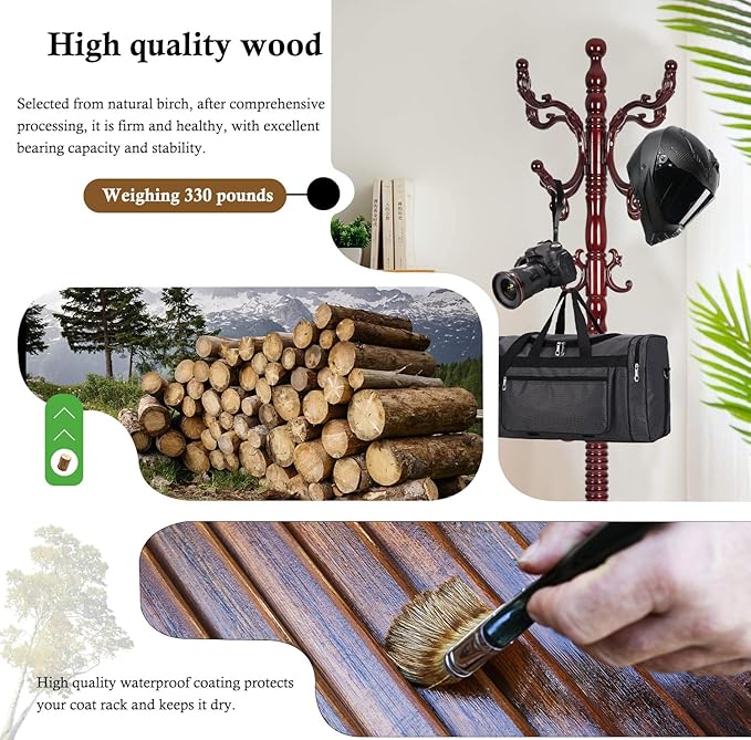 Coat Rack Stand, Solid Wooden Coat Tree - Image 2