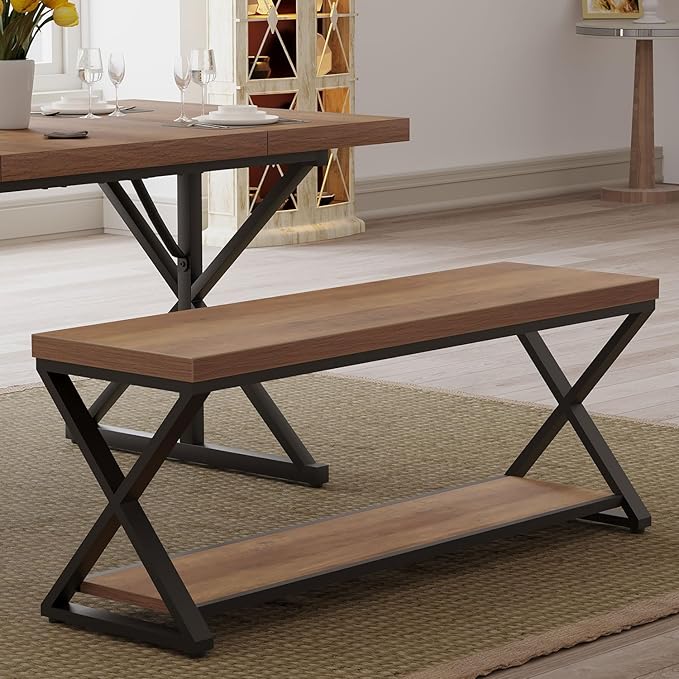 IBF Wood Entryway Bench, Wooden and Metal Bedroom Indoor Bench, Industrial Shoe - Image 8