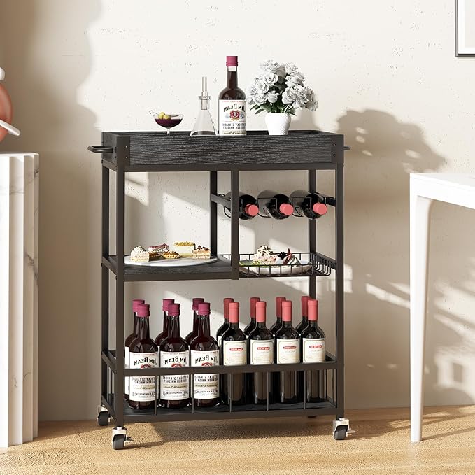 Bar Cart with Basket 3 Tiers Home Rolling Wine Rack with Wheels Mobile Kitchen - Image 6