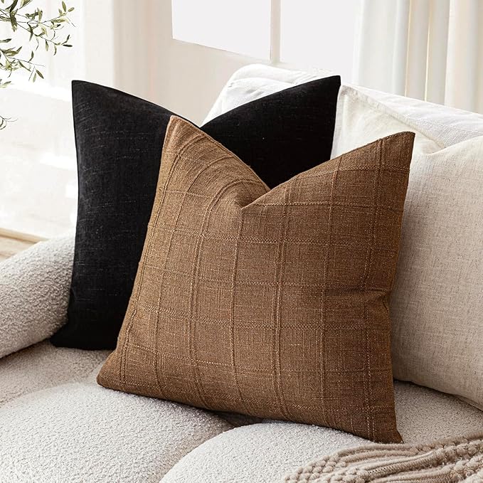Foindtower Set of 2 Decorative Linen Check Throw Pillow Covers Neutral - Image 5