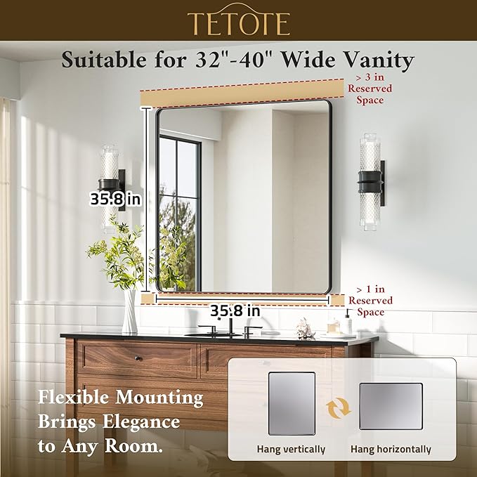 TETOTE 36 x 36 Black Mirror for Bathroom Matte Black Metal Frame Mirror - Image 7