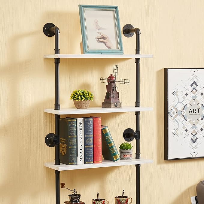 Pipe Shelves, 5 Tier Industrial Ladder Bookcase, Wall Mounted Metal Wood Rustic - Image 8