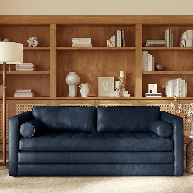 POLY & BARK Napa 82" Leather Pull-Out Convertible Sleeper Sofa in Midnight Blue - Image 2