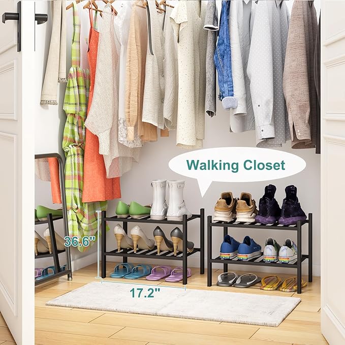 Black Small Shoe Rack for Entryway, 2-Tier Bamboo Shoe Organizer for Hallway - Image 5