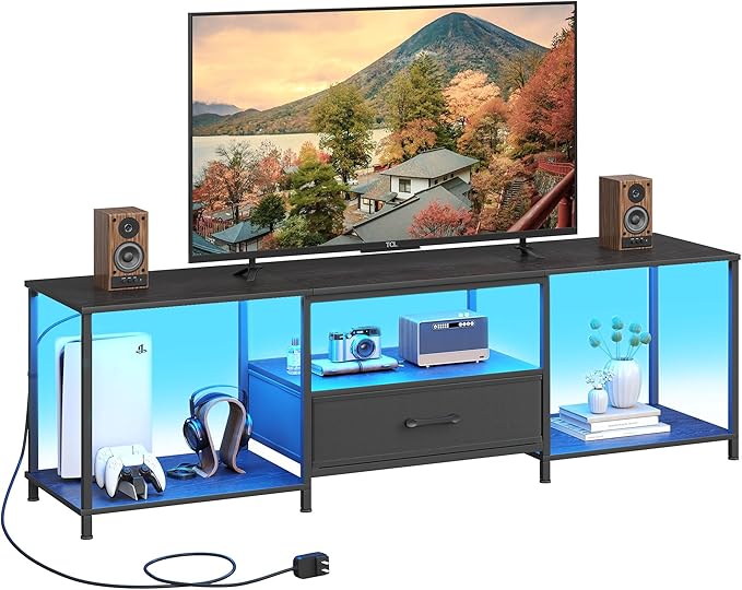TV Stand with LED Lights, Entertainment Center with Open Shelves and Fabric by JARHETUN
