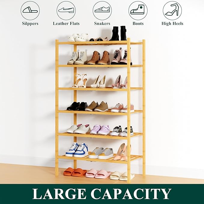 Smiry Shoe Rack, 6 Tier Thick Bamboo Shoe Organizer, Stackable Free Standing - Image 6